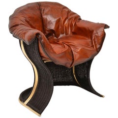 1970s Vintage Leather & Wicker ‘Venus’ Armchair by Pieff