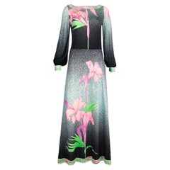 1970s Vintage Leonard Paris floral print silk jersey long-sleeved maxi dress