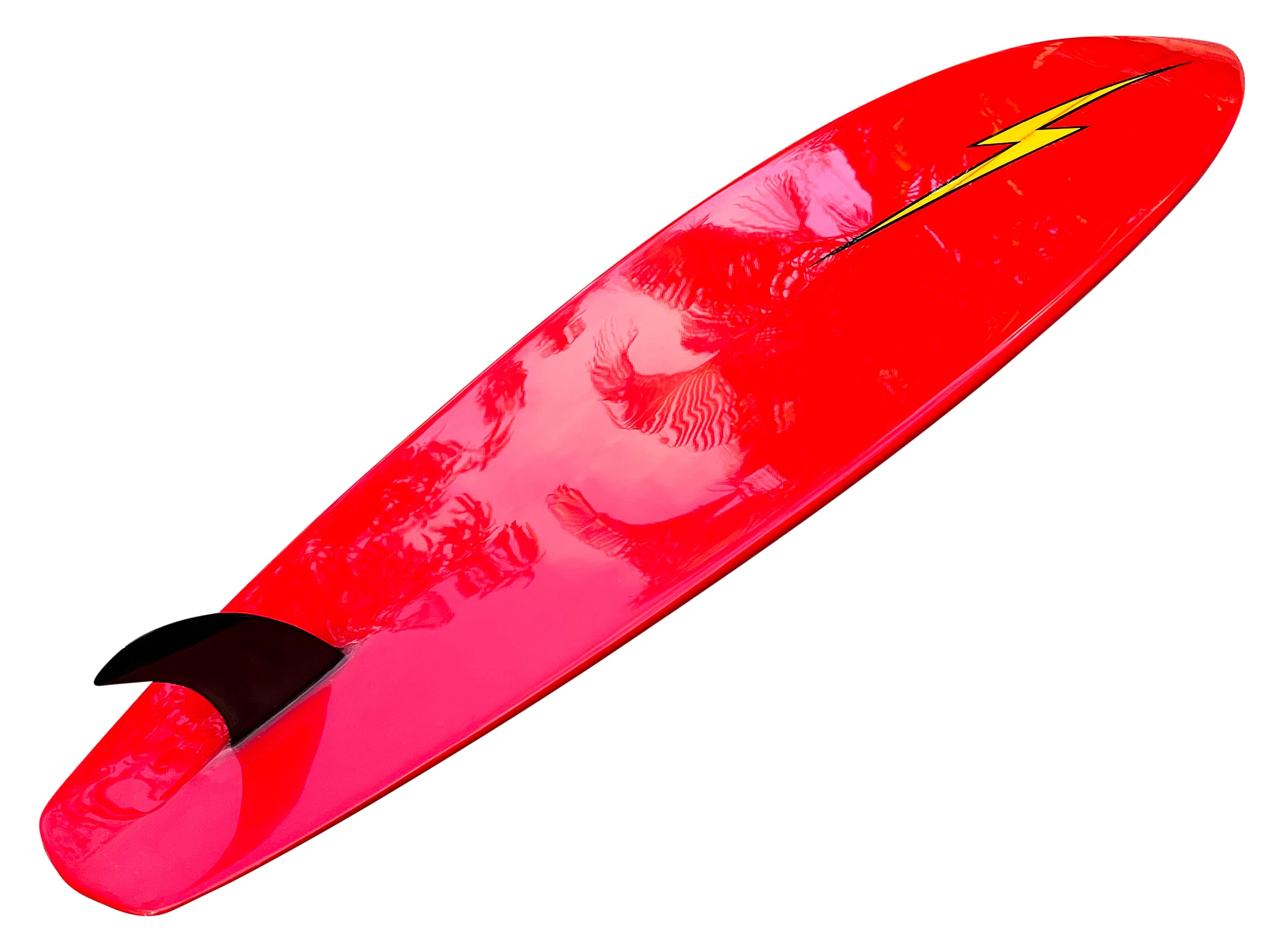 1970s Vintage Lightning Bolt surfboard shaped by Gerry Lopez. Features gorgeous red tint and complimentary yellow tint lightning bolts with black outline. Diamond tail shape design with glassed on fin. Hand made by the most revered surfer/board