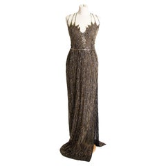 Langes schwarzes Vintage-Abendkleid mit goldenen Perlen besetzt, 1970er Jahre