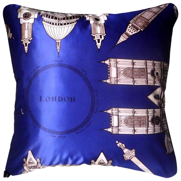 1970s Vintage Luxury Silk Cushion "London" 'Dk Blue' Bespoke Pillow Cushion