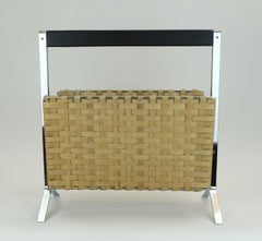 1970s vintage MAGAZINE RACK newspaper holder chrome leather bamboo