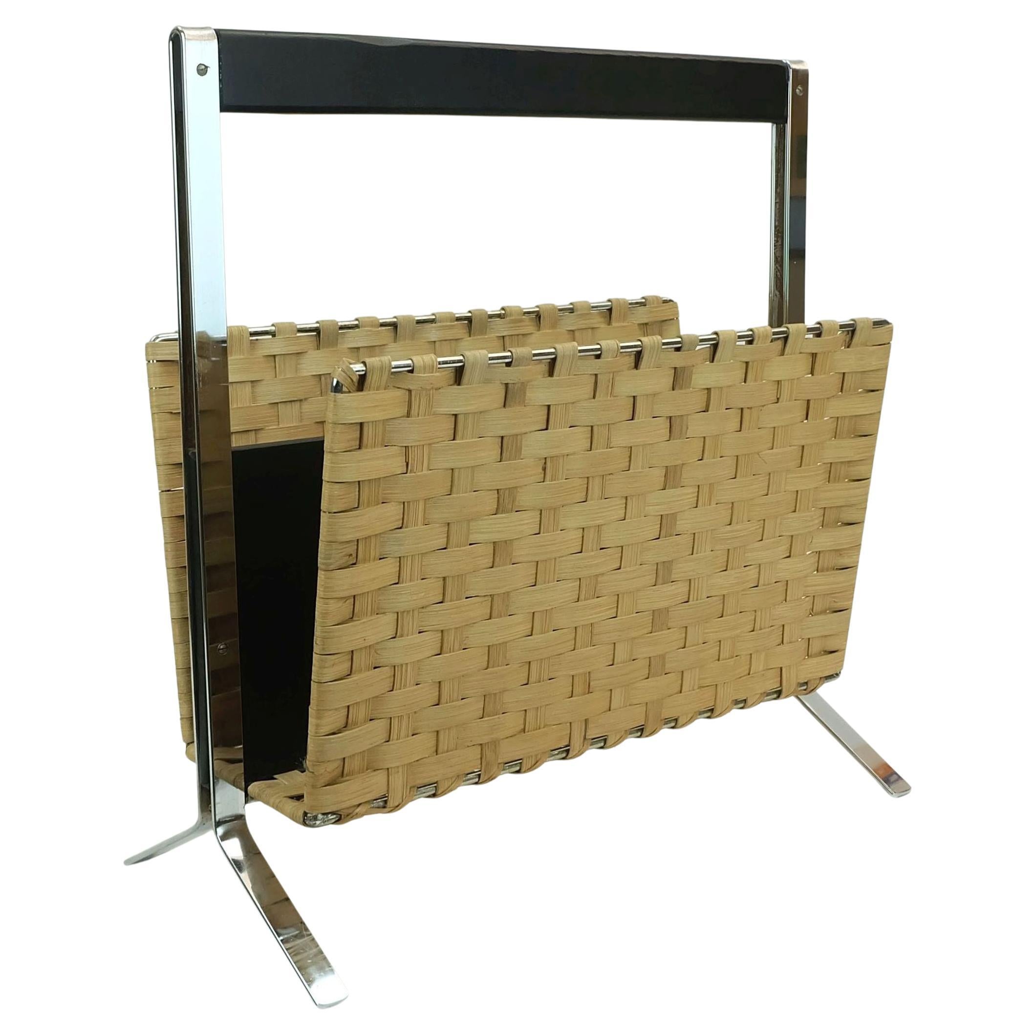 Porte-journaux MAGAZINE RACK vintage des années 1970 cuir chromé bambou