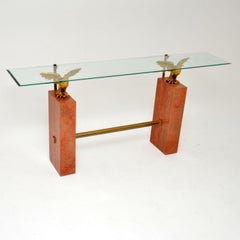 Tavolo consolle vintage anni '70 in marmo/ottone/vetro