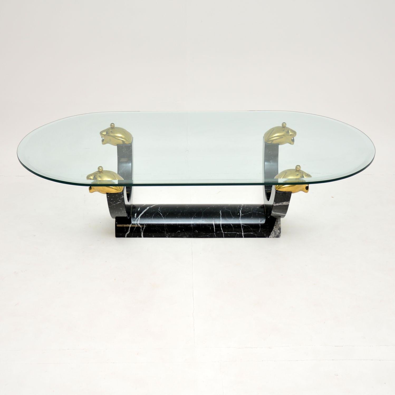 Mid-Century Modern 1970s Vintage Marble Glass and Brass Coffee Table