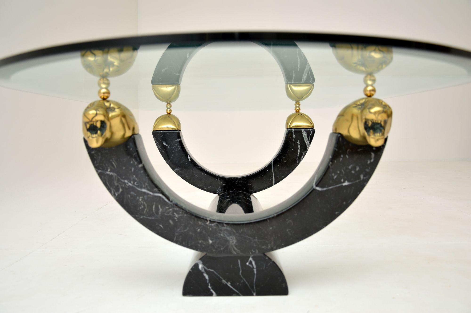 Italian 1970s Vintage Marble Glass and Brass Coffee Table