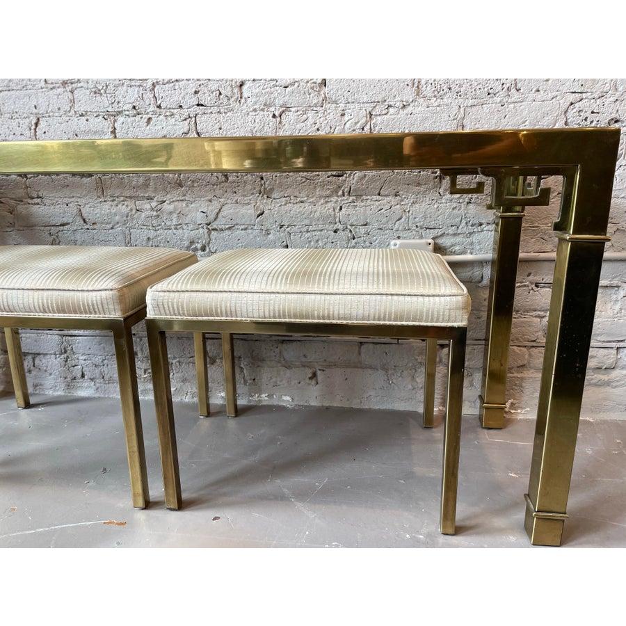American 1970s Vintage Mastercraft Greek Key Console Table With Ottomans - Set of 3 For Sale