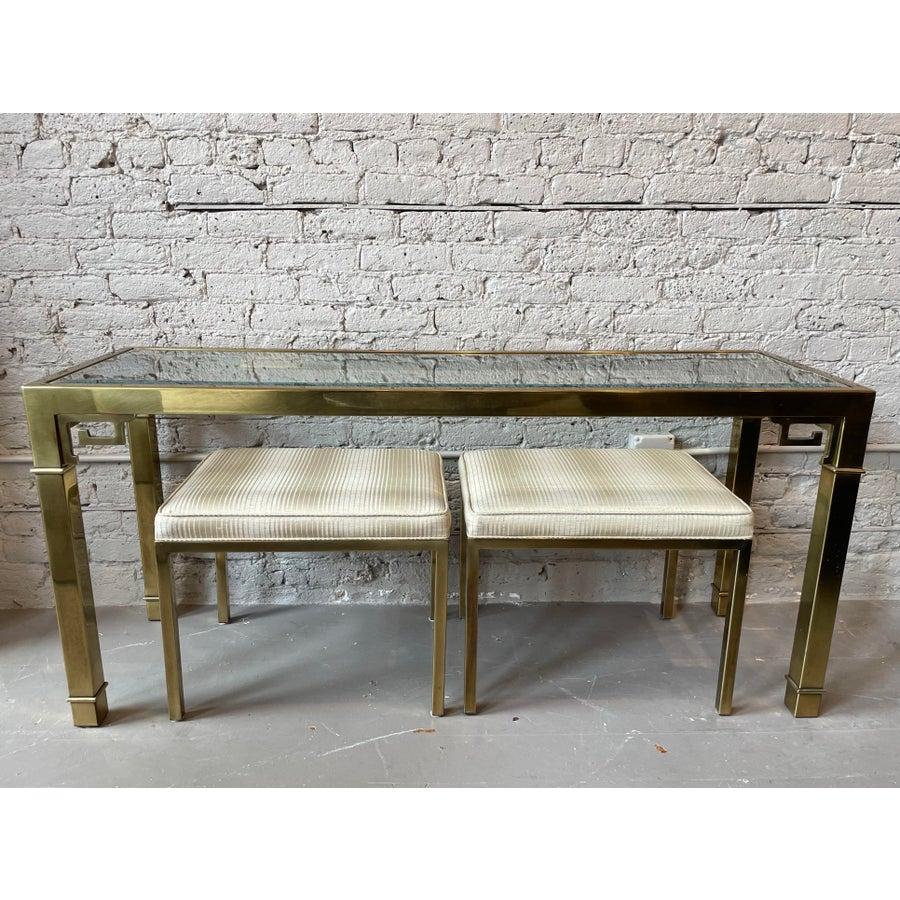 Brass 1970s Vintage Mastercraft Greek Key Console Table With Ottomans - Set of 3 For Sale