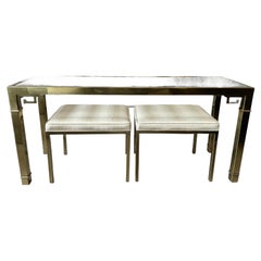 1970s Vintage Mastercraft Greek Key Console Table With Ottomans - Set of 3