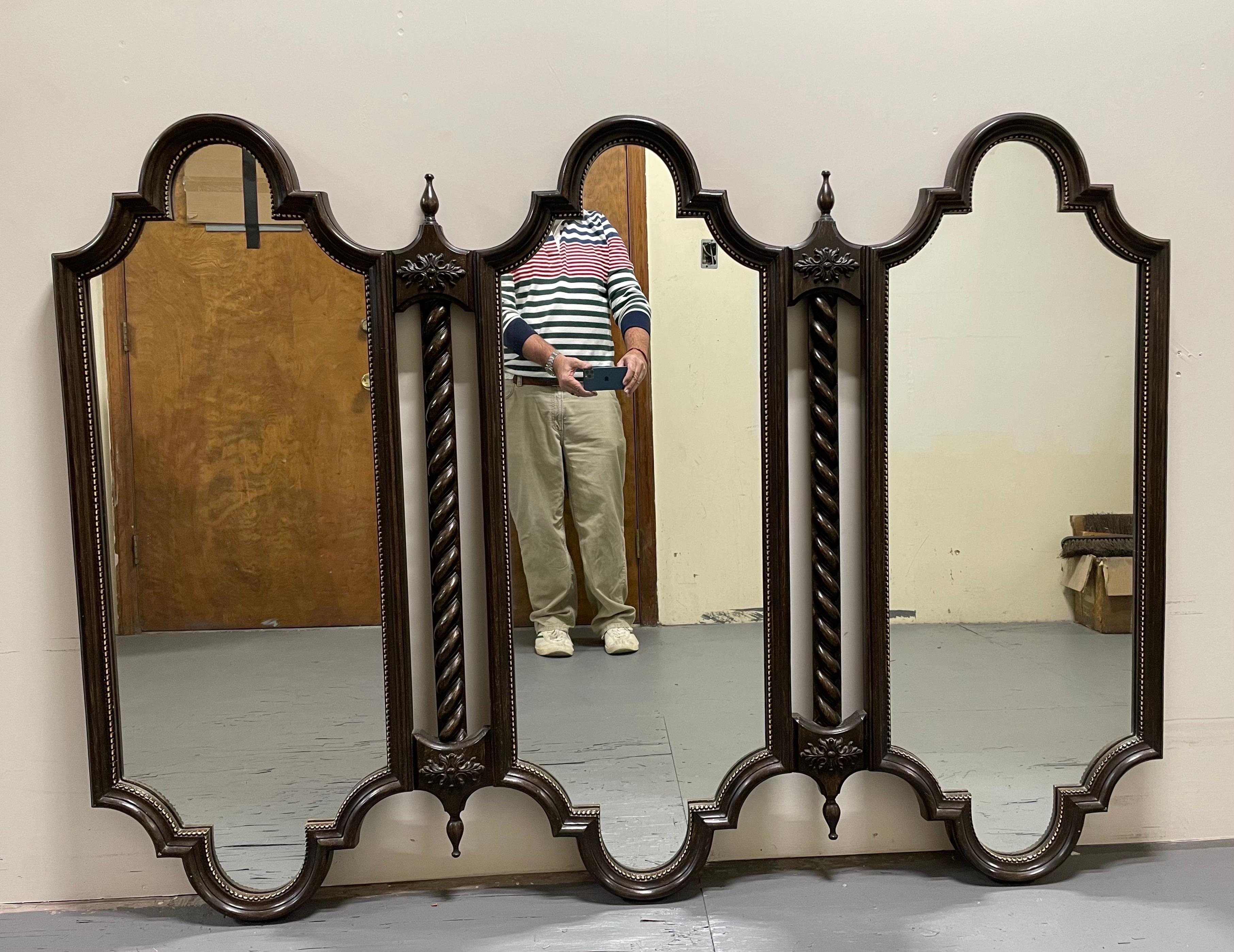 Wonderful Mediterranean triple mirror. Great arching design with finials, scroll, and bead work. Massive in size and weight.
I can deliver curbside to NYC or Philly for $300.