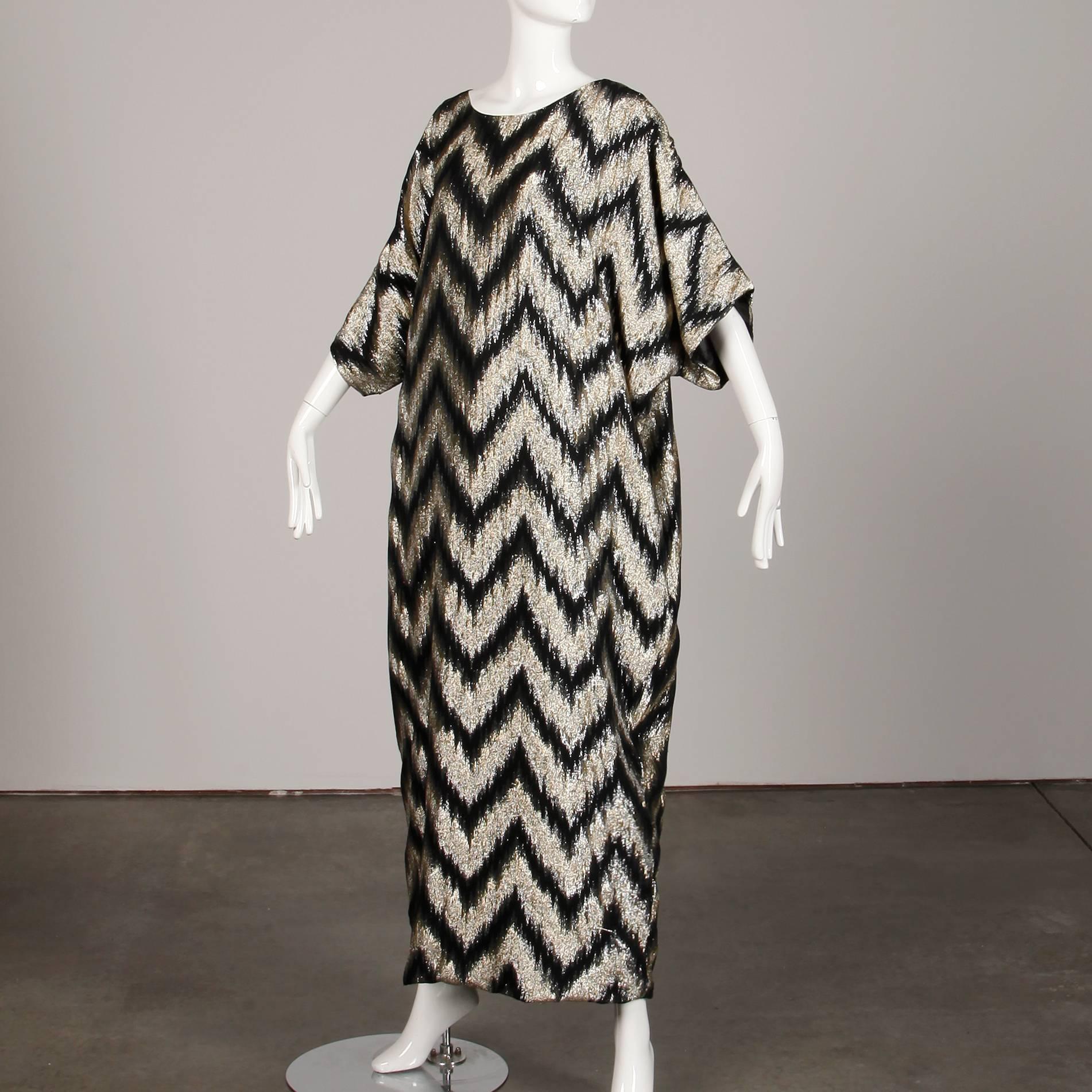 1970s Vintage Metallic Gold + Black Zig Zag Caftan Disco Maxi Dress or Gown In Excellent Condition In Sparks, NV