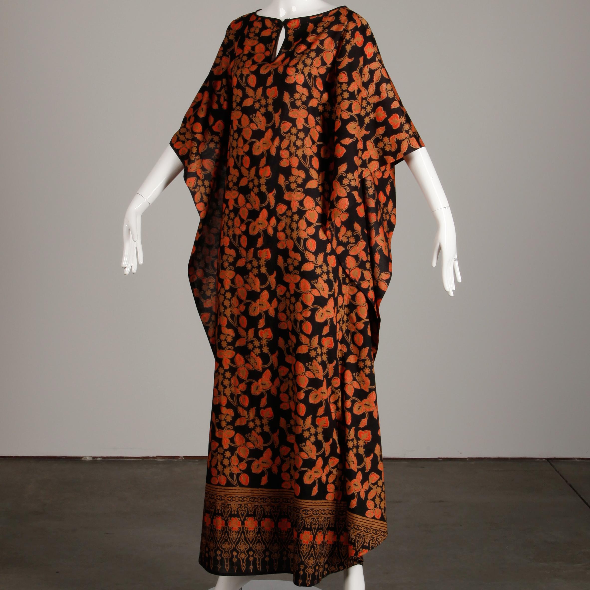 Brown 1970s Vintage Metallic Gold, Orange + Black Hippie Boho Long Caftan Maxi Dress