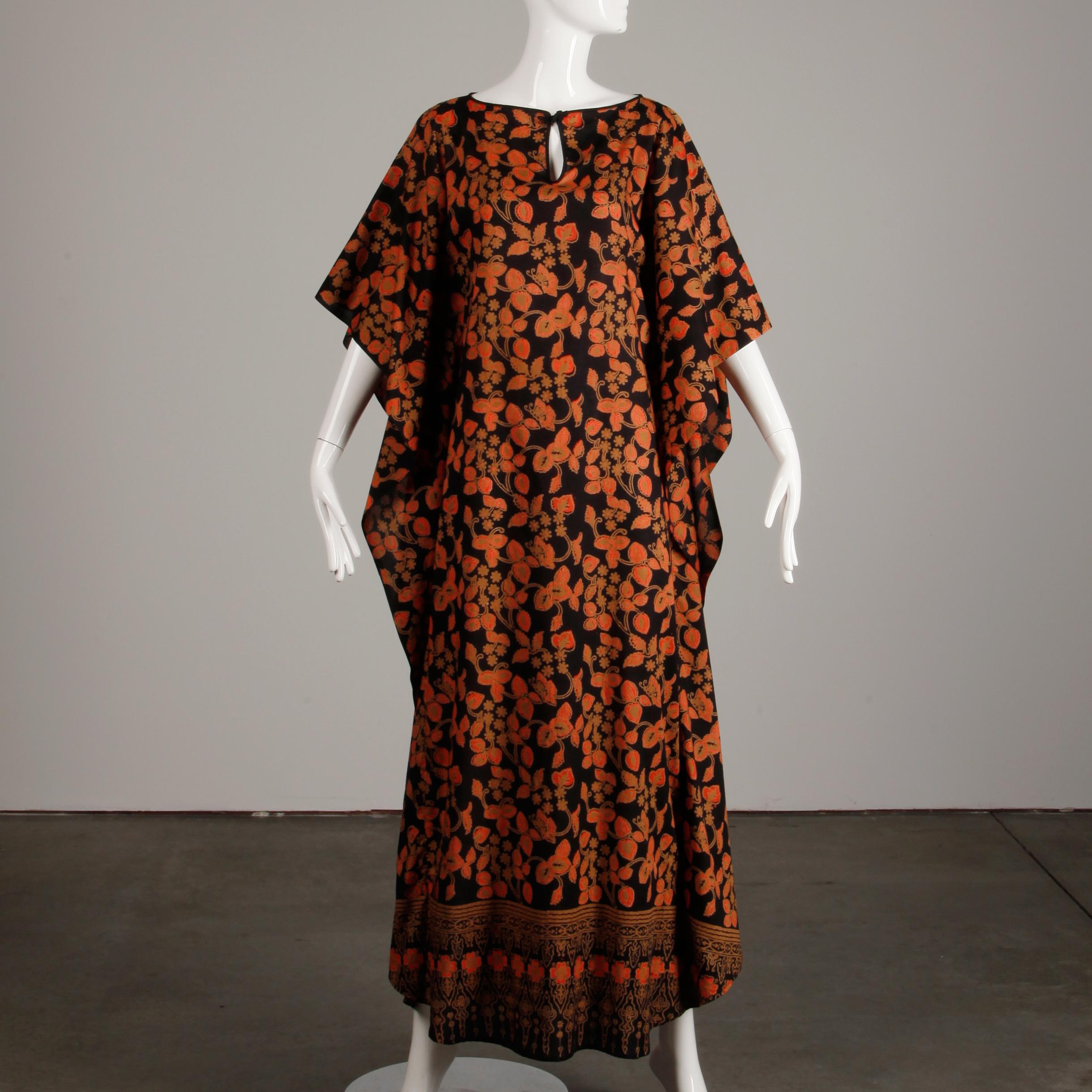 Women's 1970s Vintage Metallic Gold, Orange + Black Hippie Boho Long Caftan Maxi Dress