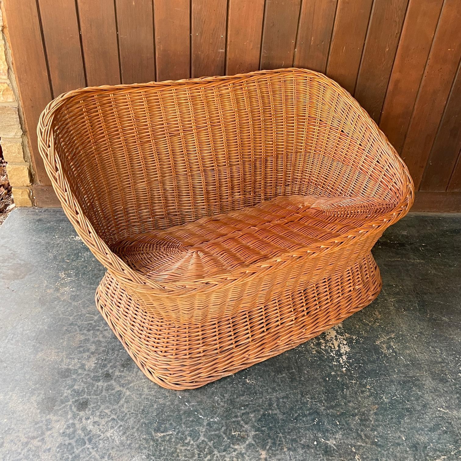 Hand-Woven 1970s Vintage Midcentury Cabin Modern Porch Sunroom Wicker Rattan Settee Sofa For Sale