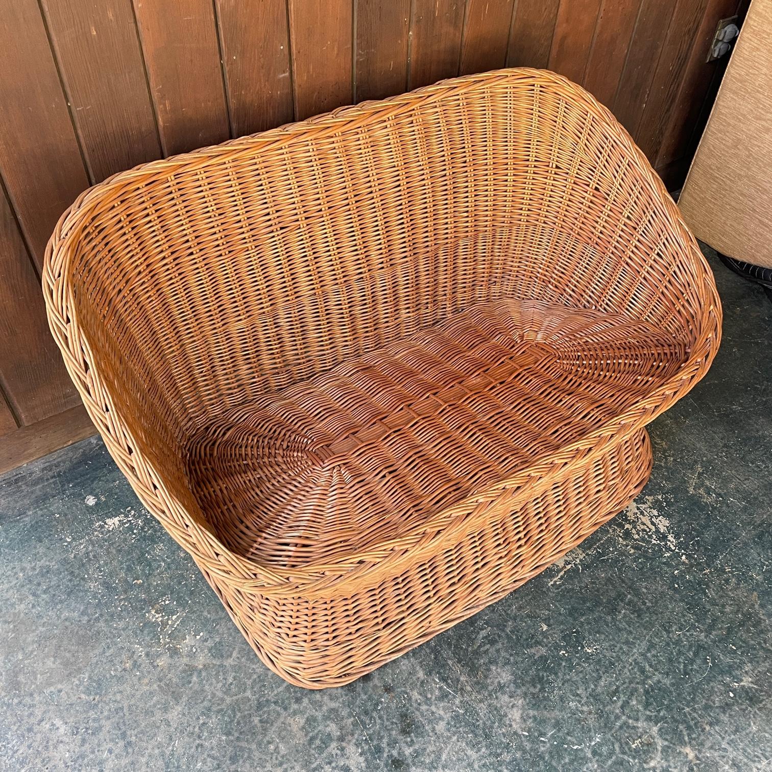 Hand-Woven 1970s Vintage Midcentury Cabin Modern Porch Sunroom Wicker Rattan Settee Sofa For Sale