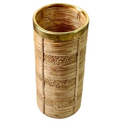 1970s Vintage Mid-Century Italian Bamboo, Banana Leaf and Brass Umbrella Stand