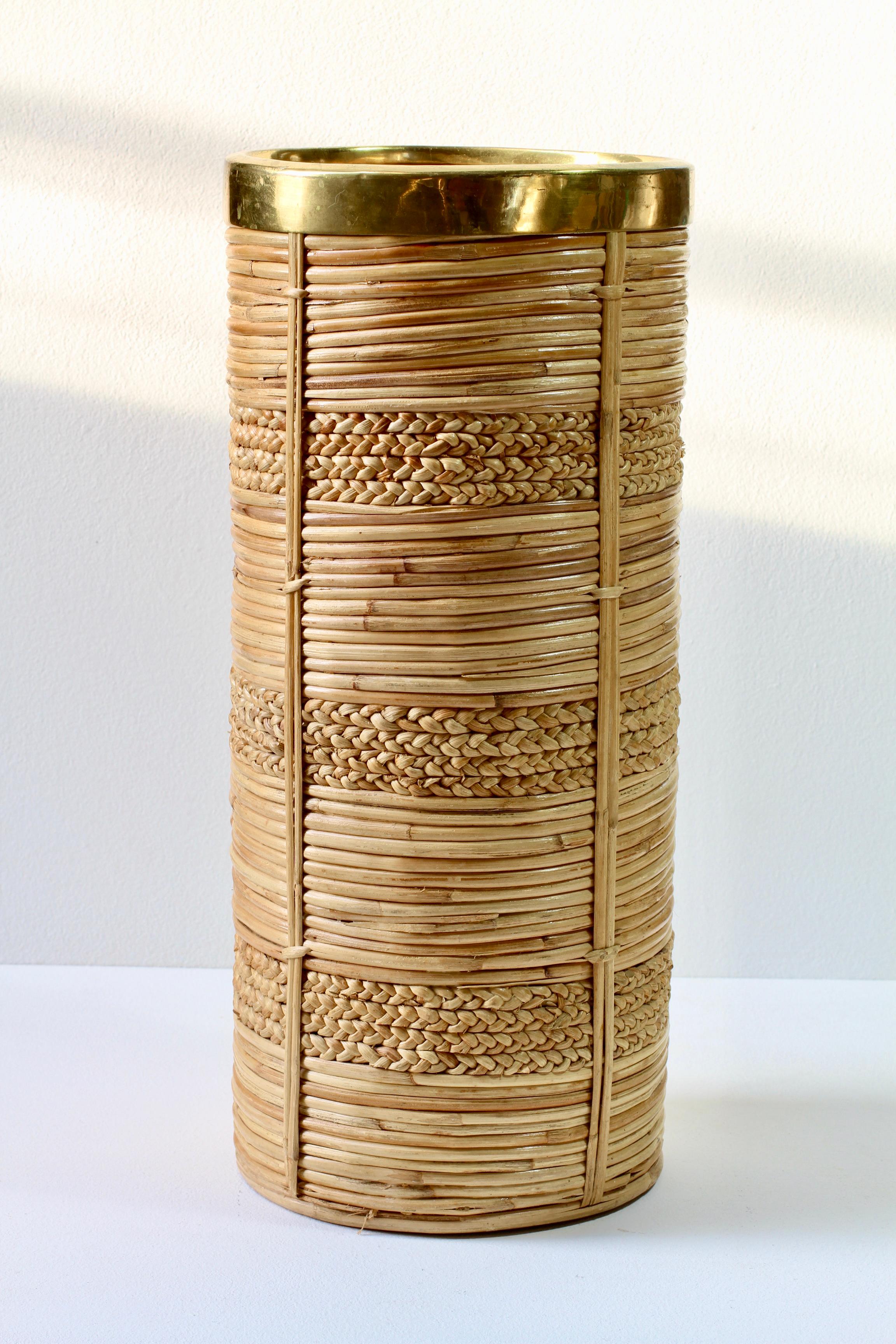 Polished 1970s Vintage Mid-Century Italian Bamboo, Banana Leaf and Brass Umbrella Stand
