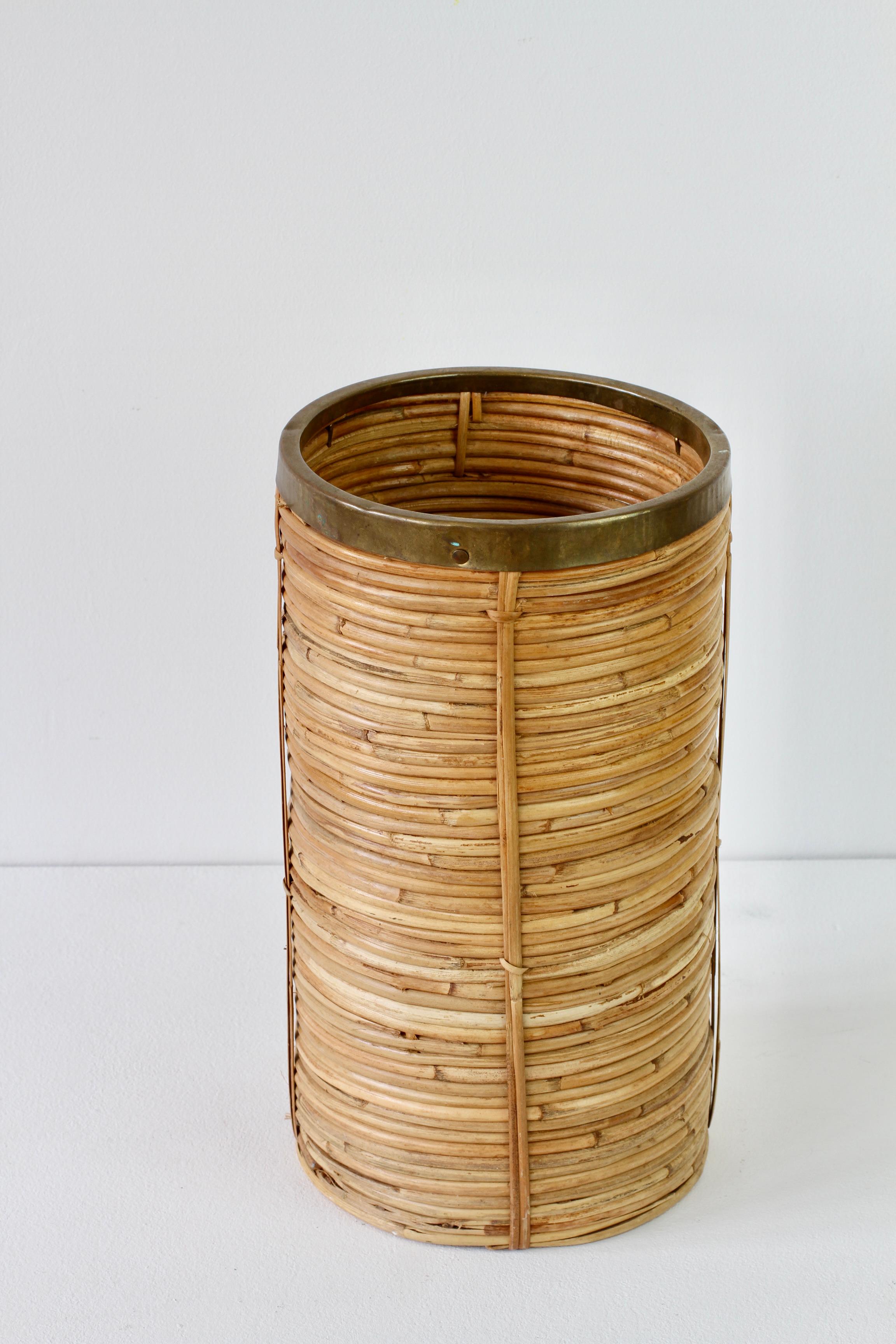 Brass 1970s Vintage Mid-Century Italian Bamboo Waste Paper Basket or Umbrella Stand