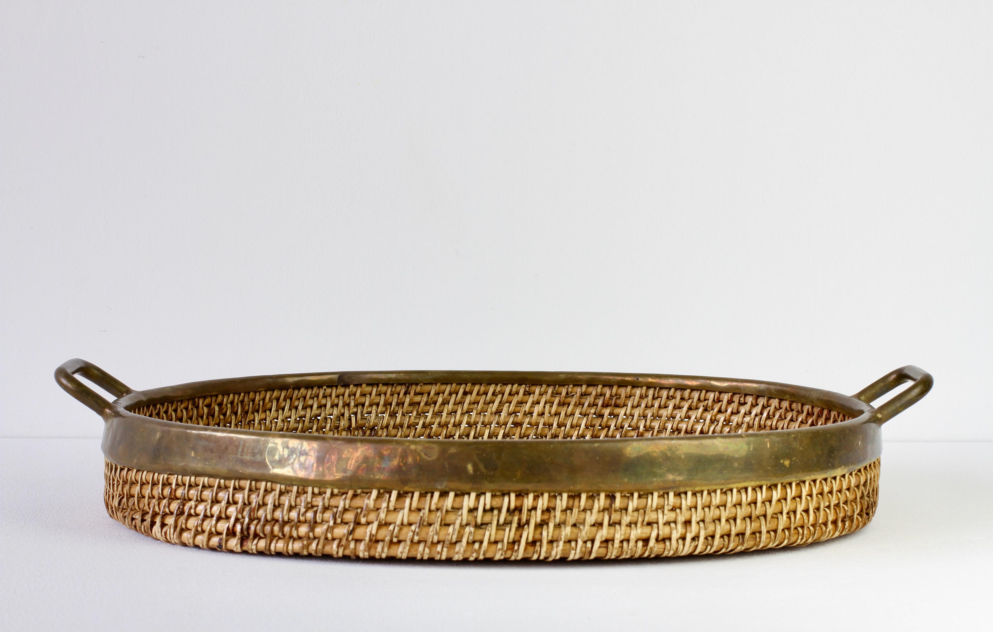 Hollywood Regency 1970s Vintage Mid-Century Italian Brass Bamboo and Rattan Serving Tray / Platter