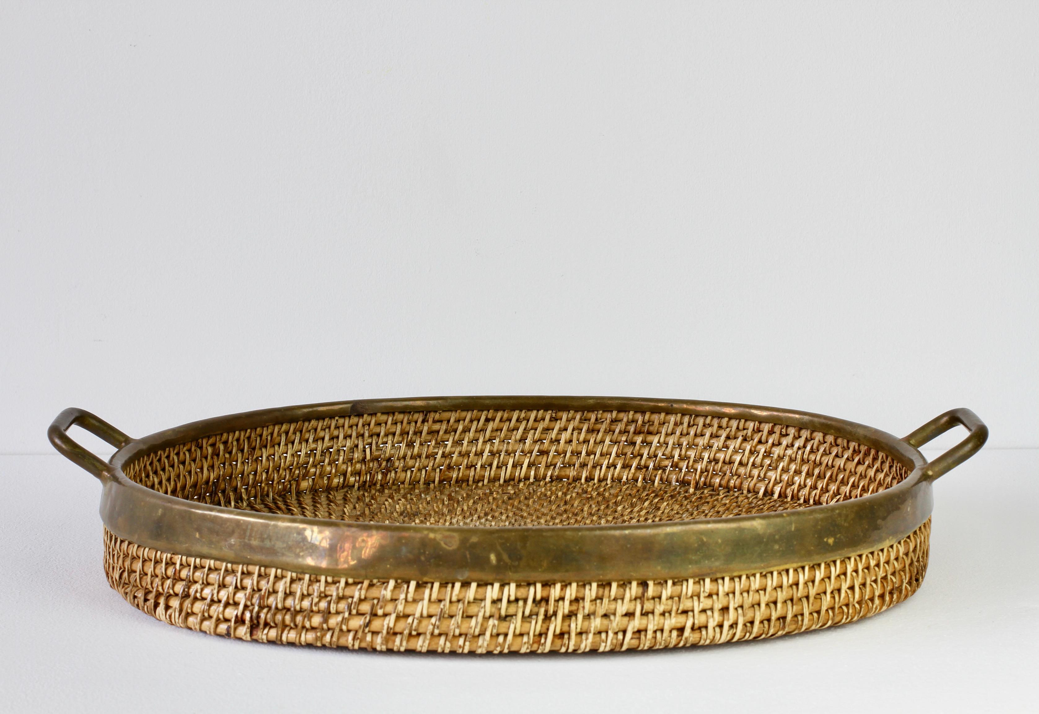 Woven 1970s Vintage Mid-Century Italian Brass Bamboo and Rattan Serving Tray / Platter