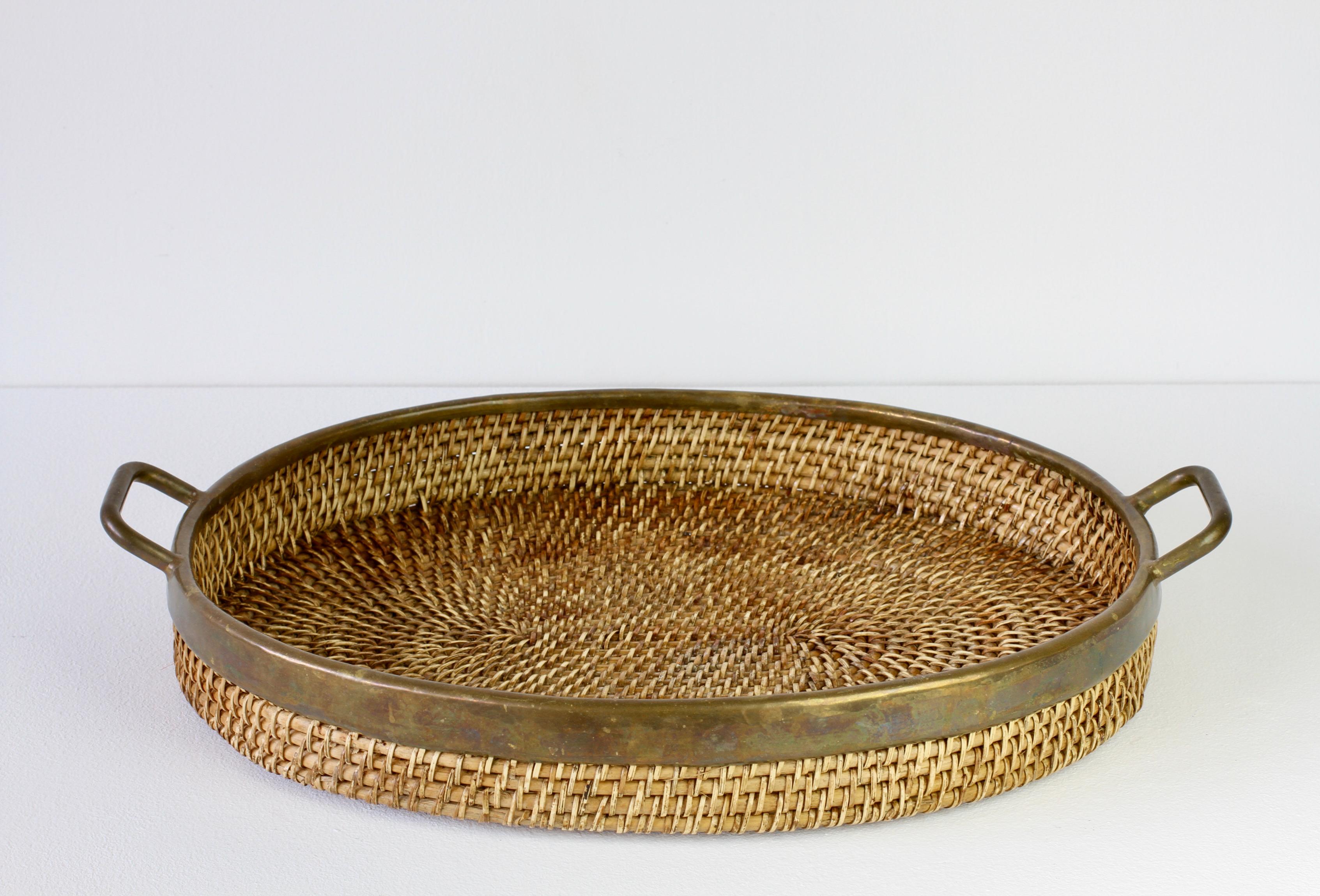 1970s Vintage Mid-Century Italian Brass Bamboo and Rattan Serving Tray / Platter In Good Condition In Landau an der Isar, Bayern