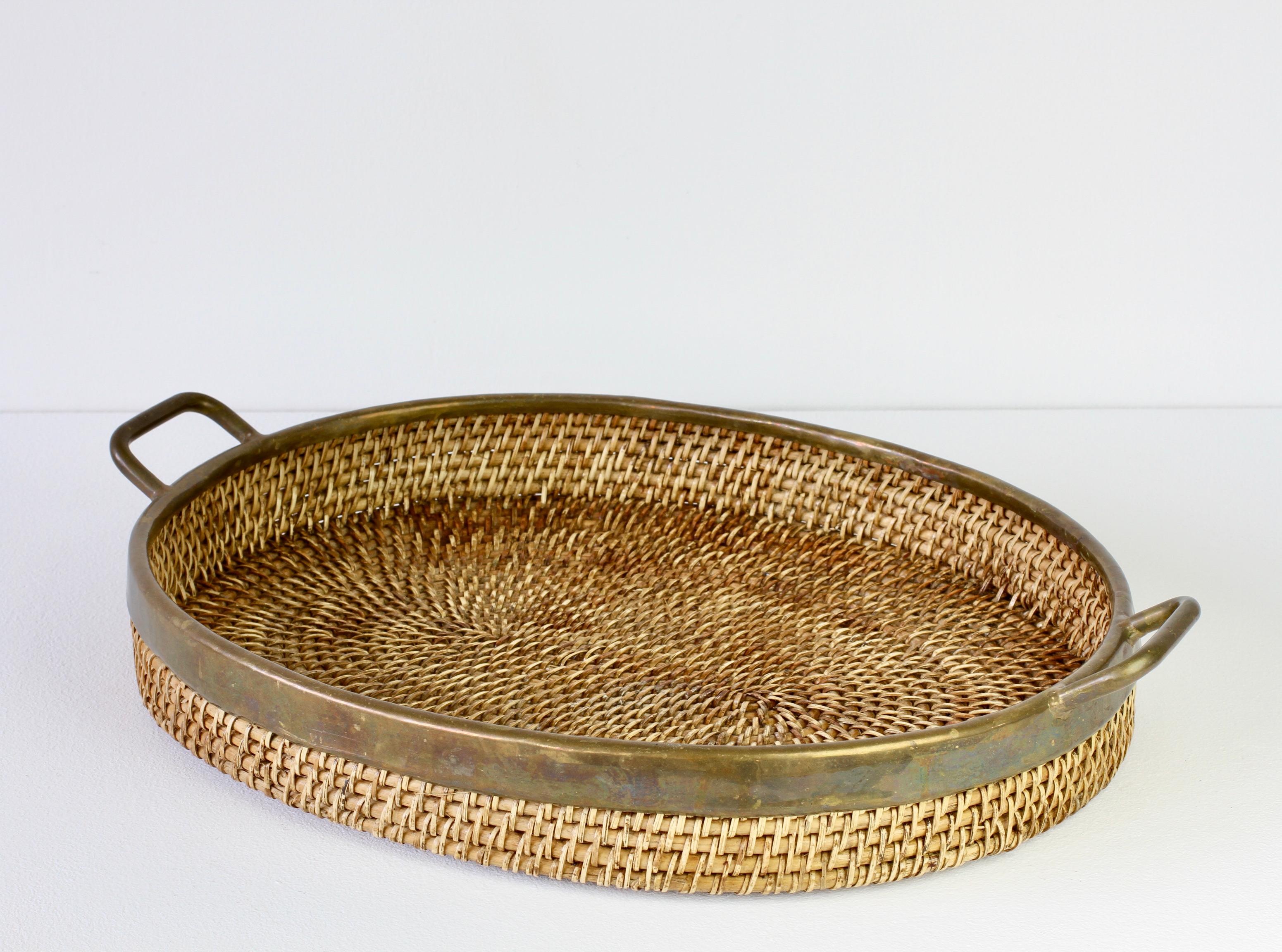 20th Century 1970s Vintage Mid-Century Italian Brass Bamboo and Rattan Serving Tray / Platter