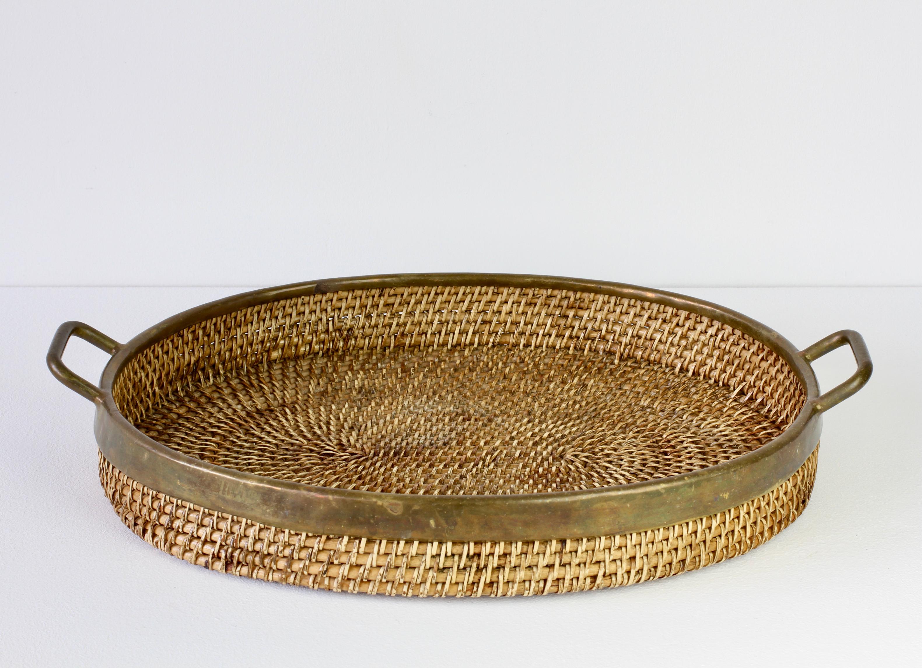 1970s Vintage Mid-Century Italian Brass Bamboo and Rattan Serving Tray / Platter 1