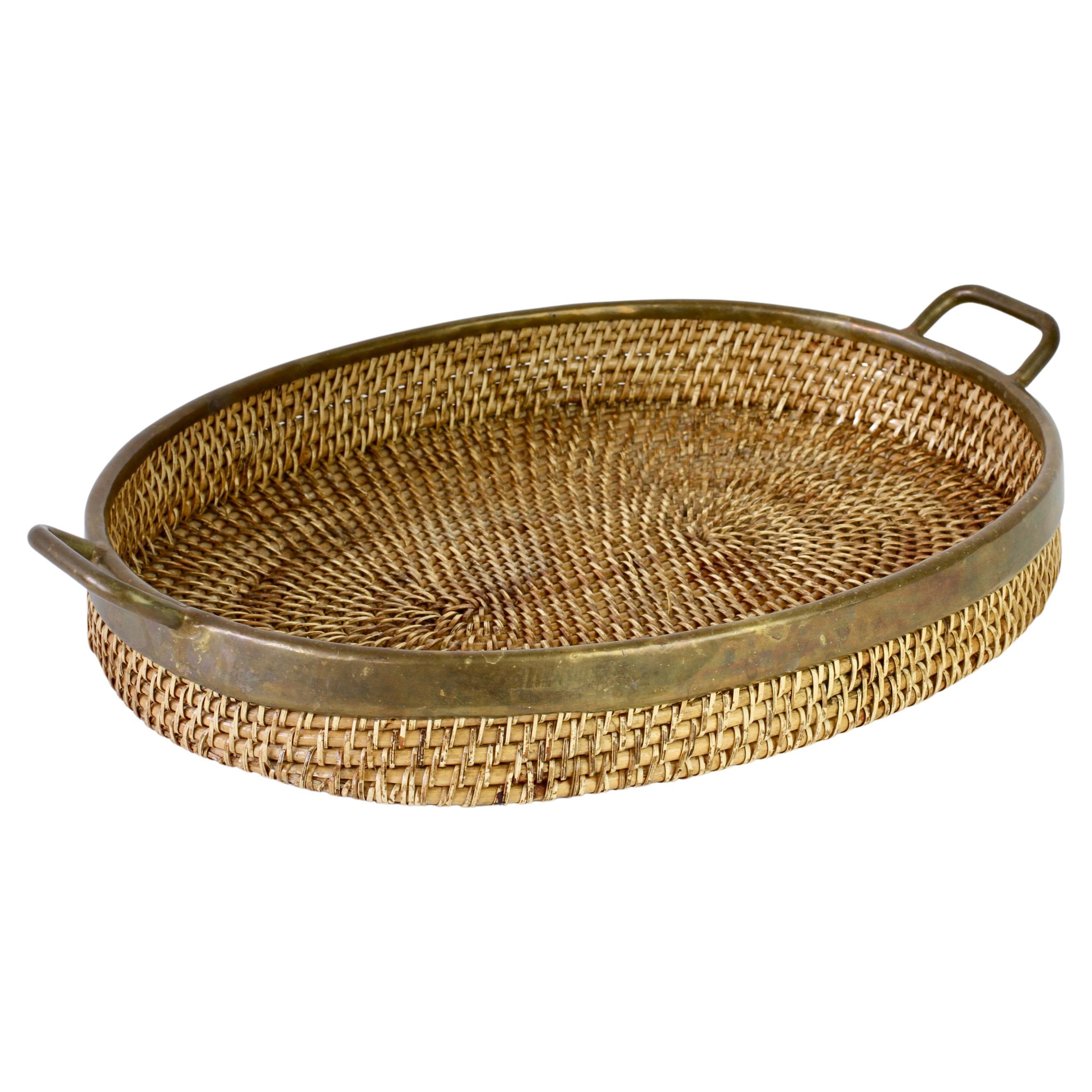 1970s Vintage Mid-Century Italian Brass Bamboo and Rattan Serving Tray / Platter