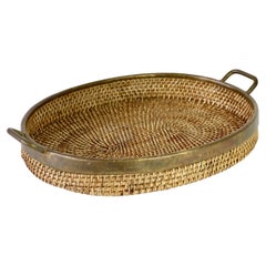 1970s Vintage Mid-Century Italian Brass Bamboo and Rattan Serving Tray / Platter
