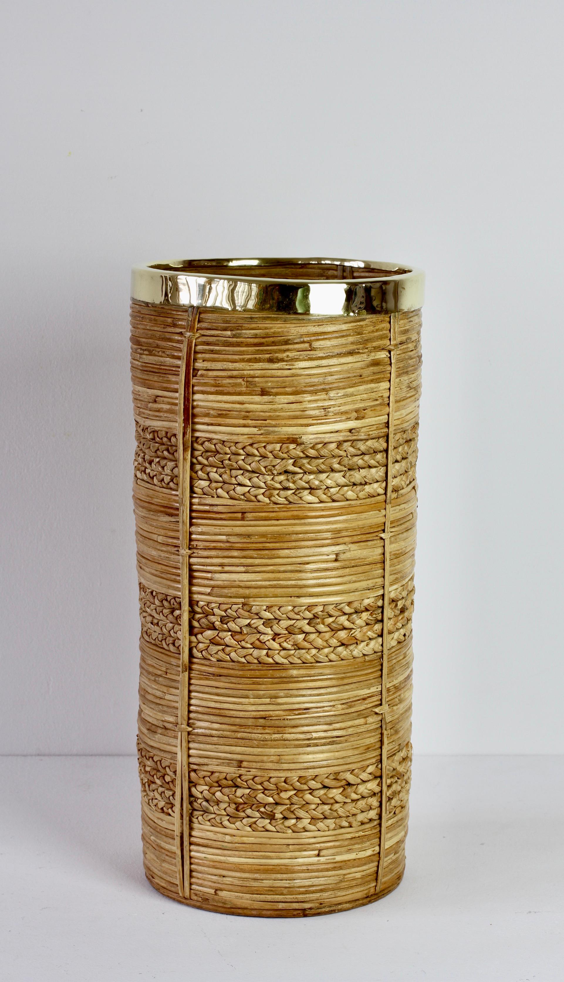 Brass 1970s Vintage Midcentury Italian Crespi Style Bamboo and Rattan Umbrella Stand