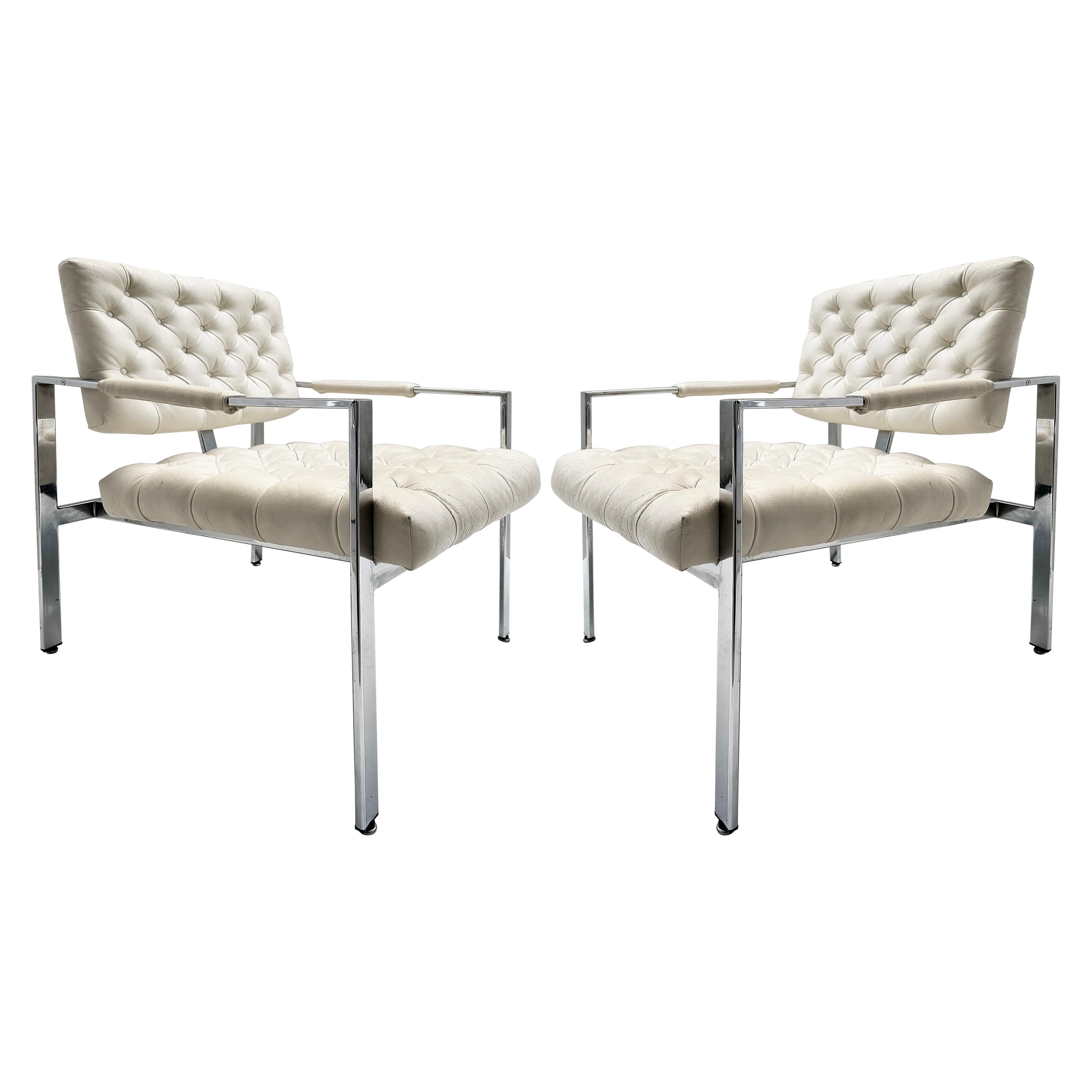 1970s Vintage Mid-century Milo Baughman Chrome Lounge Chairs, Pair