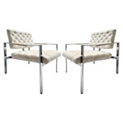 1970s Vintage Mid-century Milo Baughman Chrome Lounge Chairs, Pair