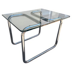 1970s Vintage Mid-Century Modern Chrome Tubular Glass Top Side Table