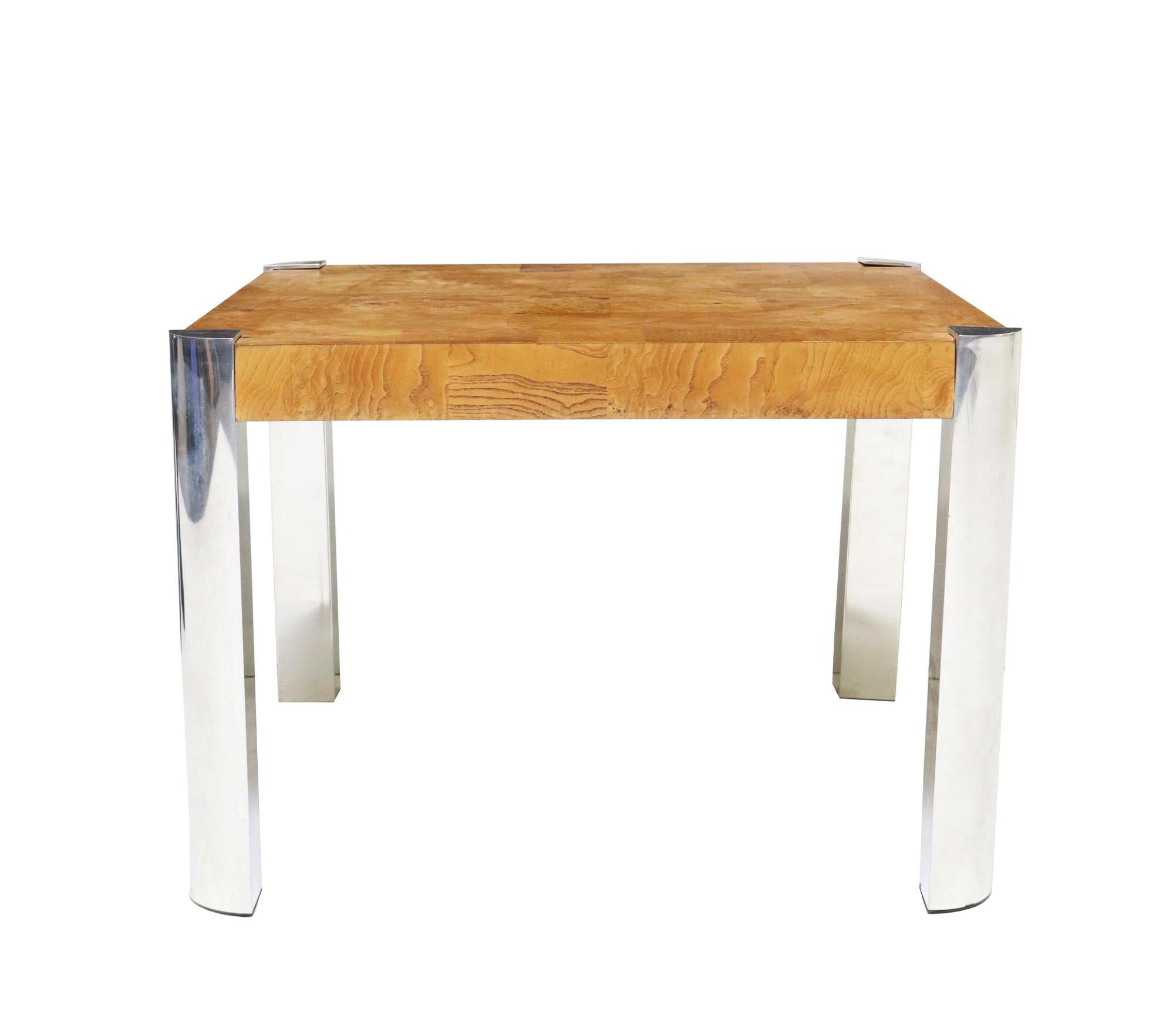 Mid-Century Modern 1970s Vintage Milo Baughman Style Burlwood and Chrome Square Coffee Table For Sale