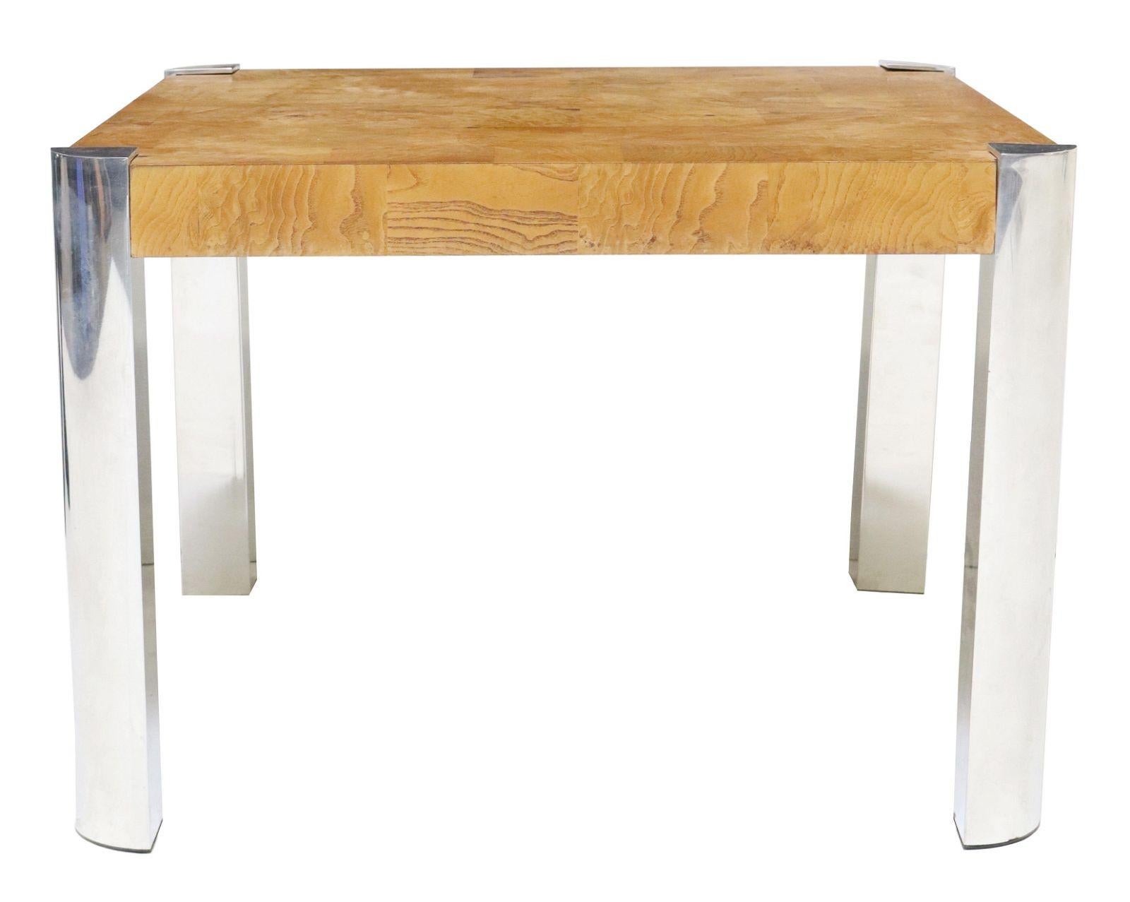American 1970s Vintage Milo Baughman Style Burlwood and Chrome Square Coffee Table For Sale