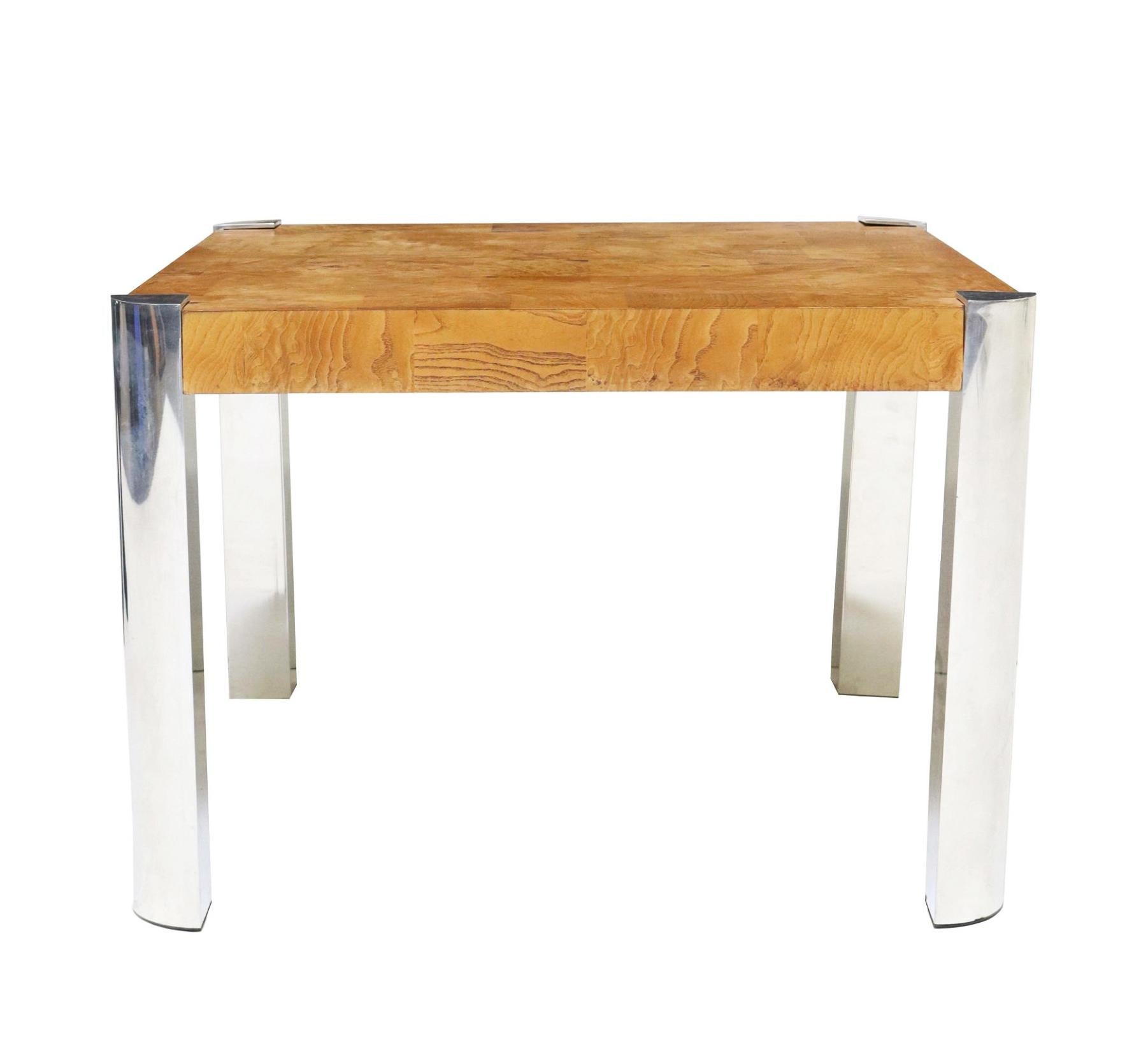 Hand-Crafted 1970s Vintage Milo Baughman Style Burlwood and Chrome Square Coffee Table For Sale