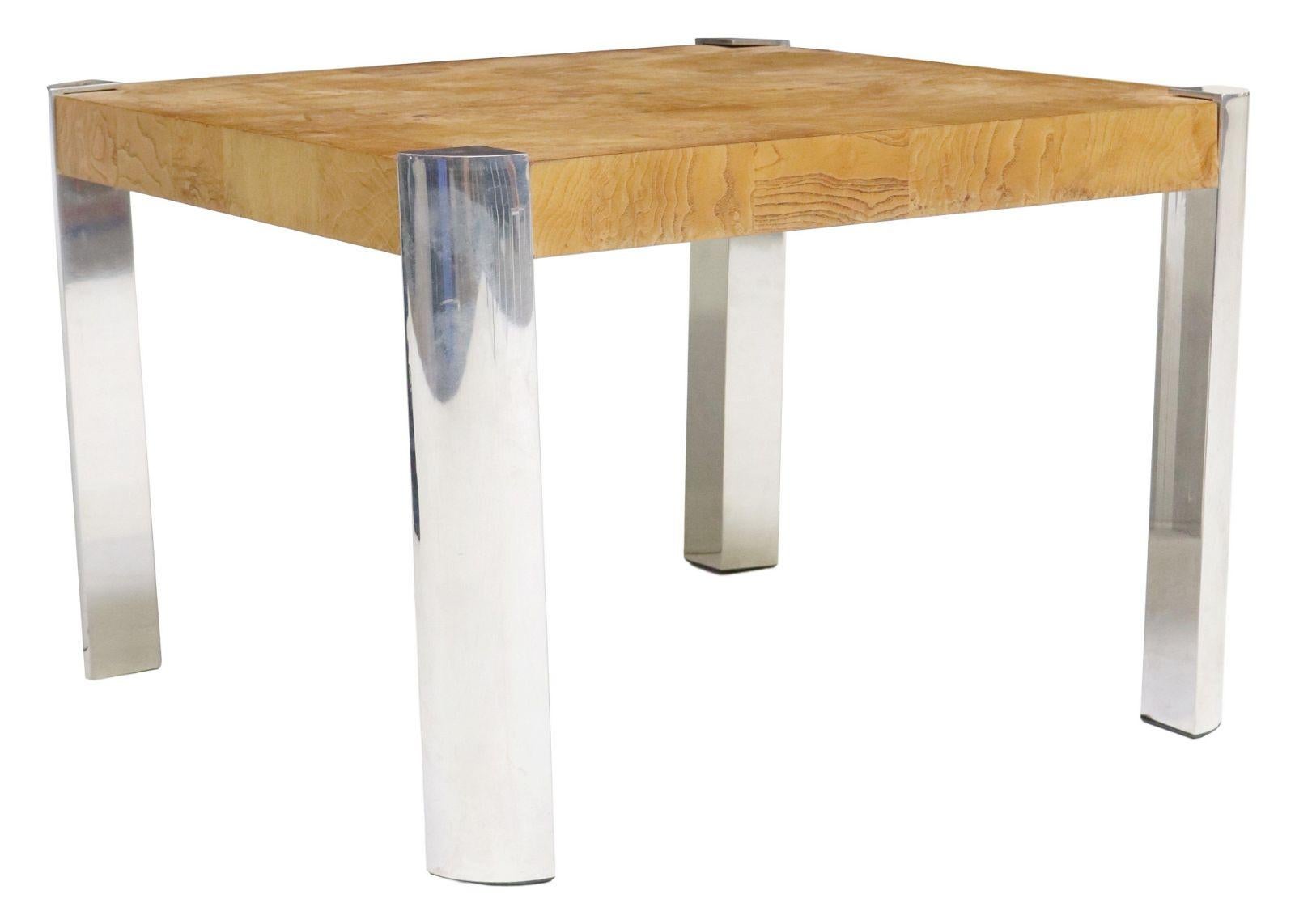 1970s Vintage Milo Baughman Style Burlwood and Chrome Square Coffee Table In Good Condition For Sale In Sheridan, CO