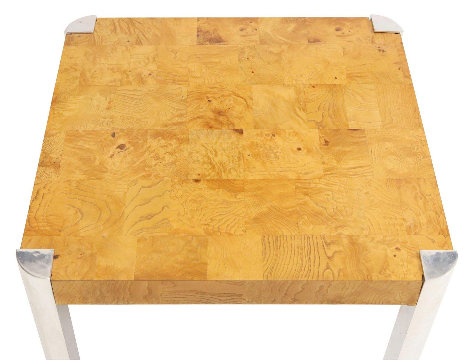 Late 20th Century 1970s Vintage Milo Baughman Style Burlwood and Chrome Square Coffee Table For Sale