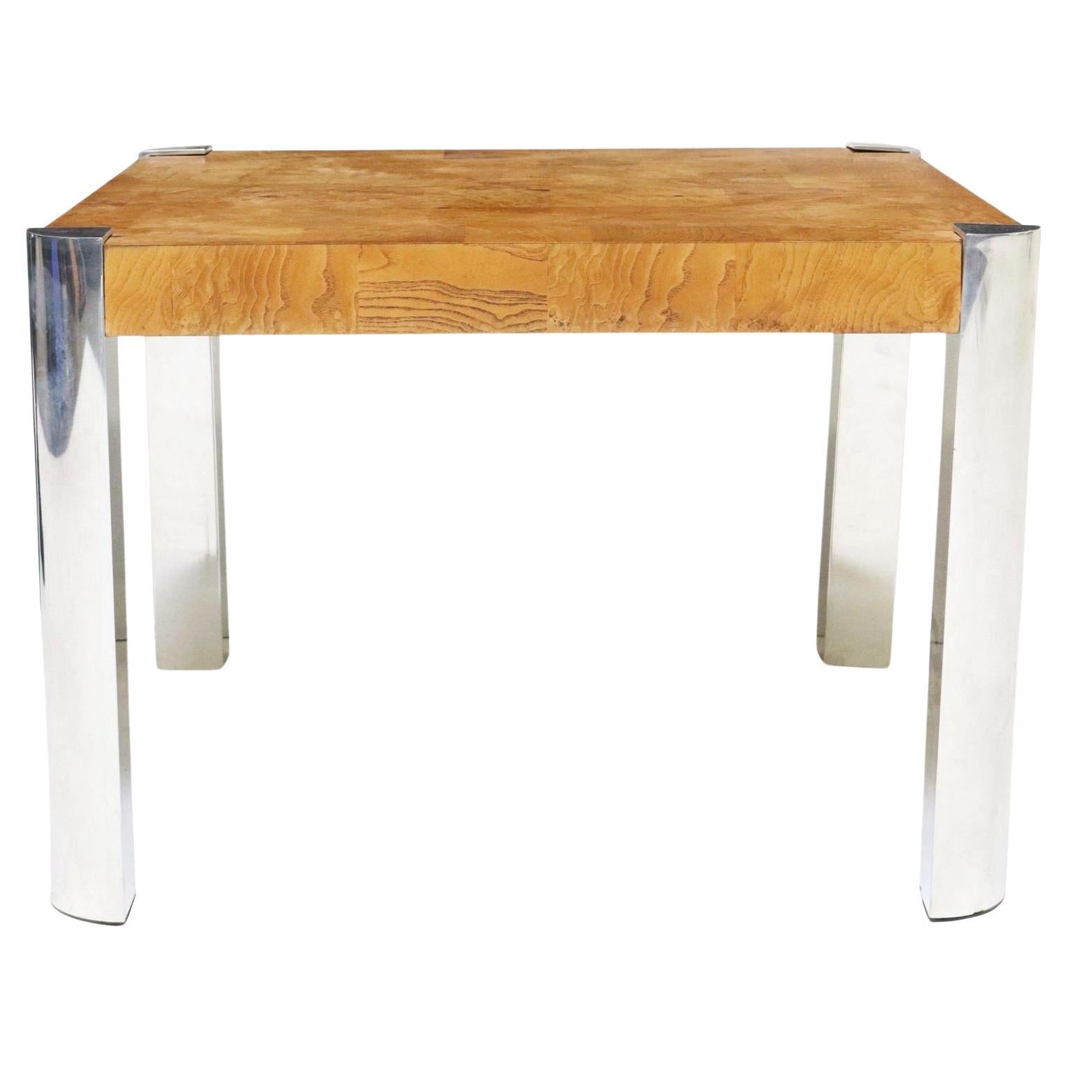 1970s Vintage Milo Baughman Style Burlwood and Chrome Square Coffee Table
