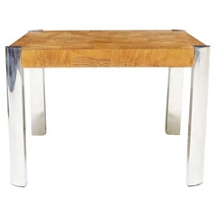 1970s Vintage Milo Baughman Style Burlwood and Chrome Square Coffee Table