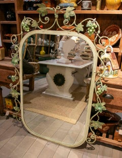1970s Vintage Mirror with Wrought Iron Frame Decorated with Grapes and Leaves