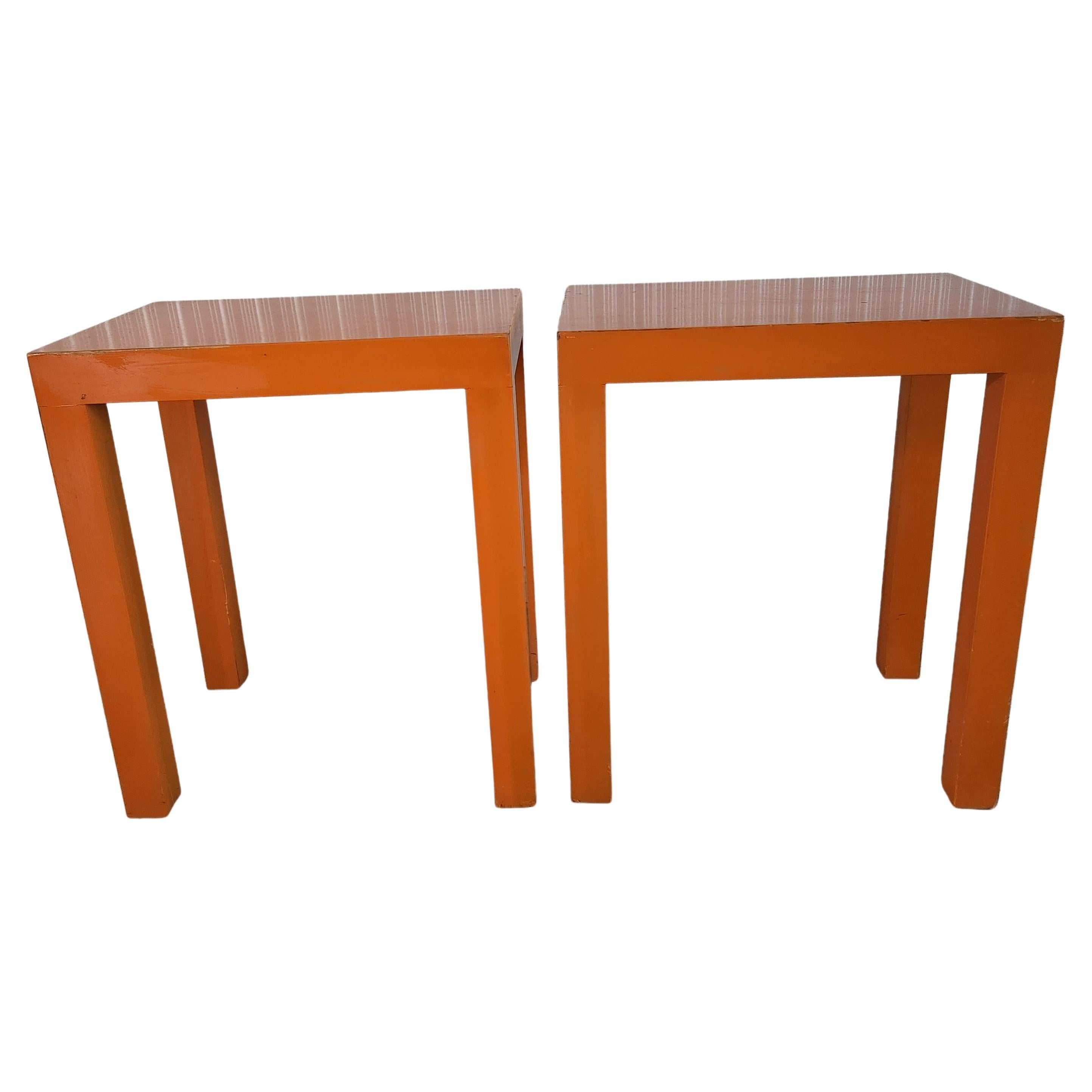 American 1970s Vintage Mod Wood Parsons Orange Side Tables Rectangular Color Pop