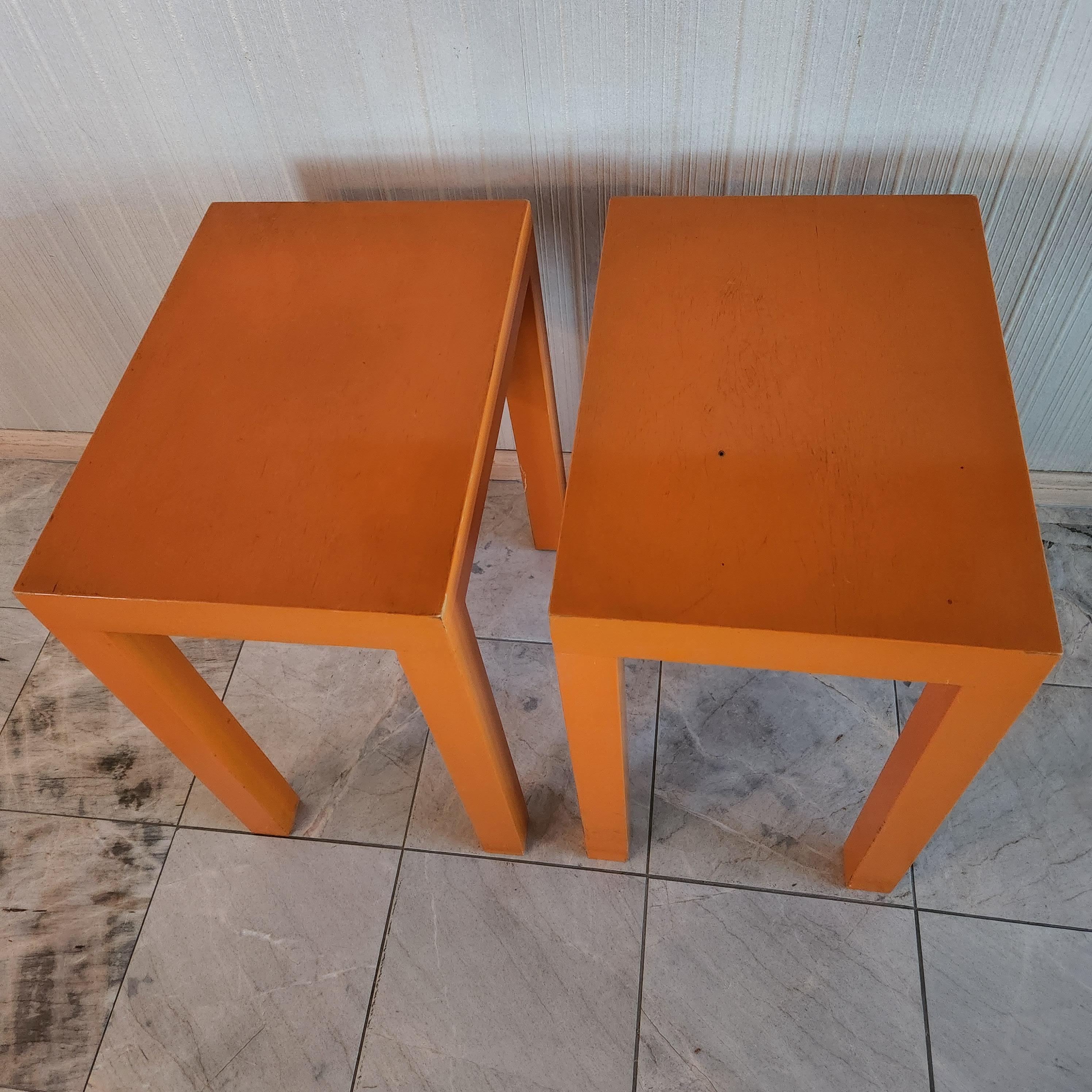 1970s Vintage Mod Wood Parsons Orange Side Tables Rectangular Color Pop 1