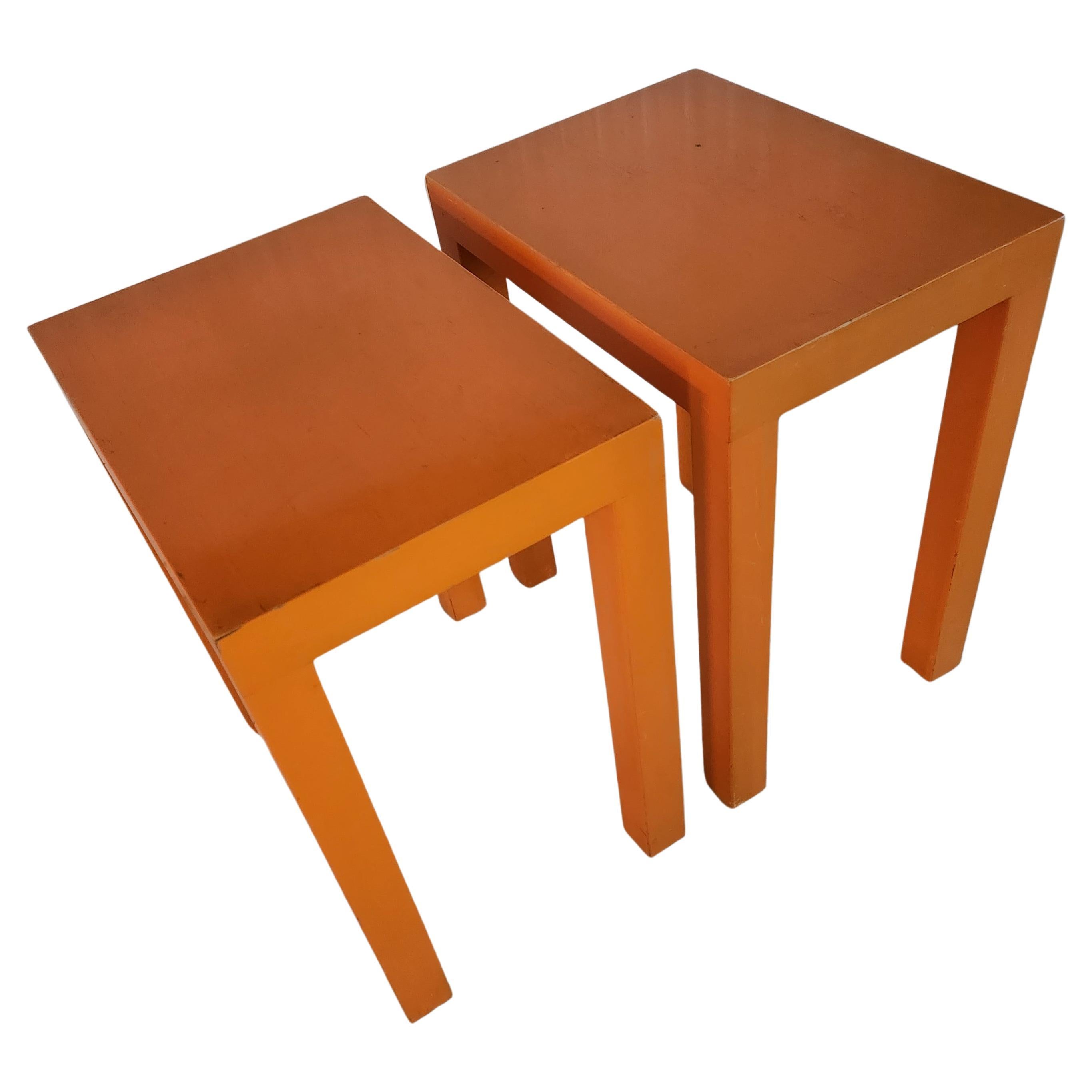 1970s Vintage Mod Wood Parsons Orange Side Tables Rectangular Color Pop 2