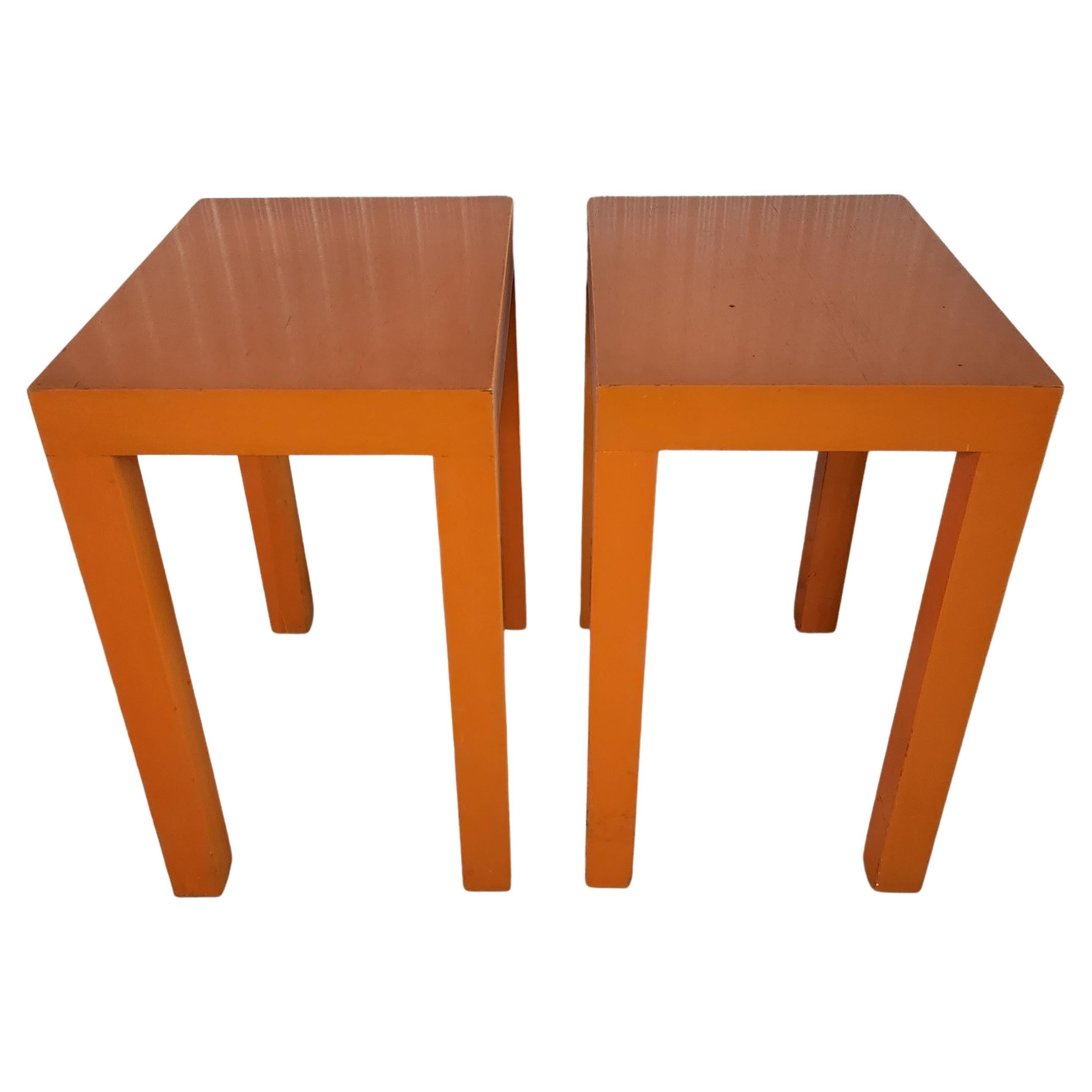1970s Vintage Mod Wood Parsons Orange Side Tables Rectangular Color Pop