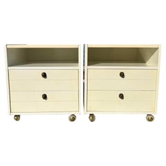 1970s Vintage Modern White Nightstands With Brass Hardware on Wheels - a Pair