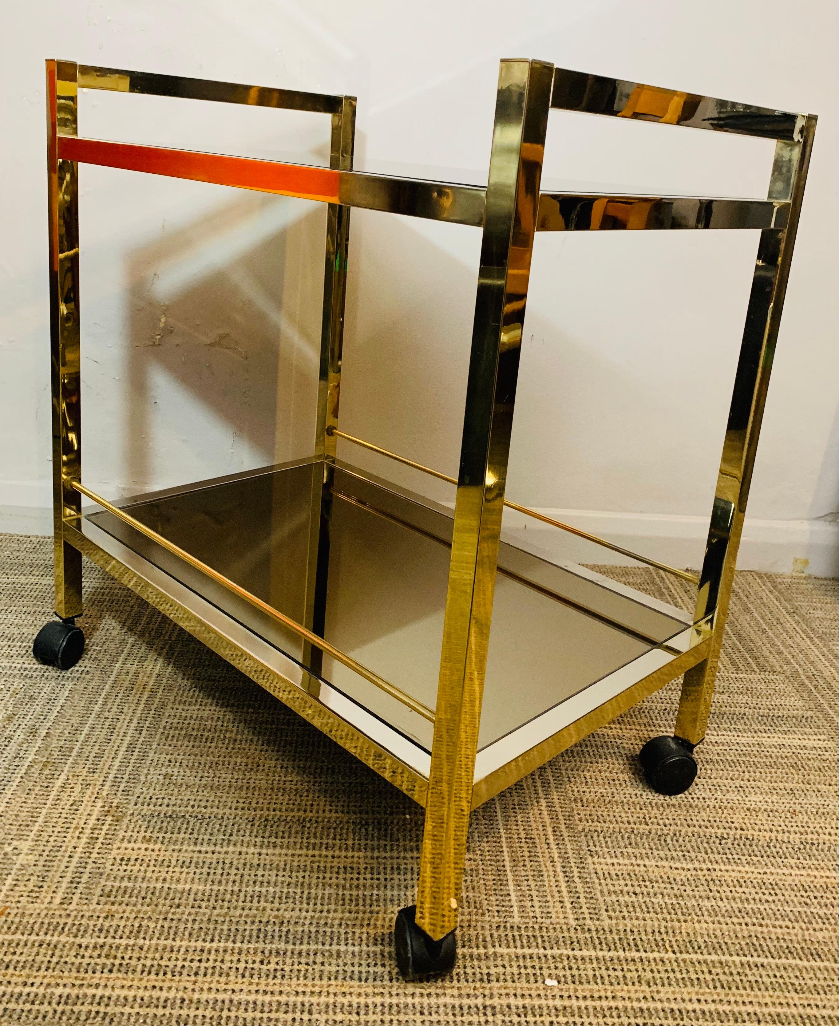 1970s Vintage Modernist Italian Brassed Chrome Drinks Trolley or Bar Cart In Good Condition In London, GB
