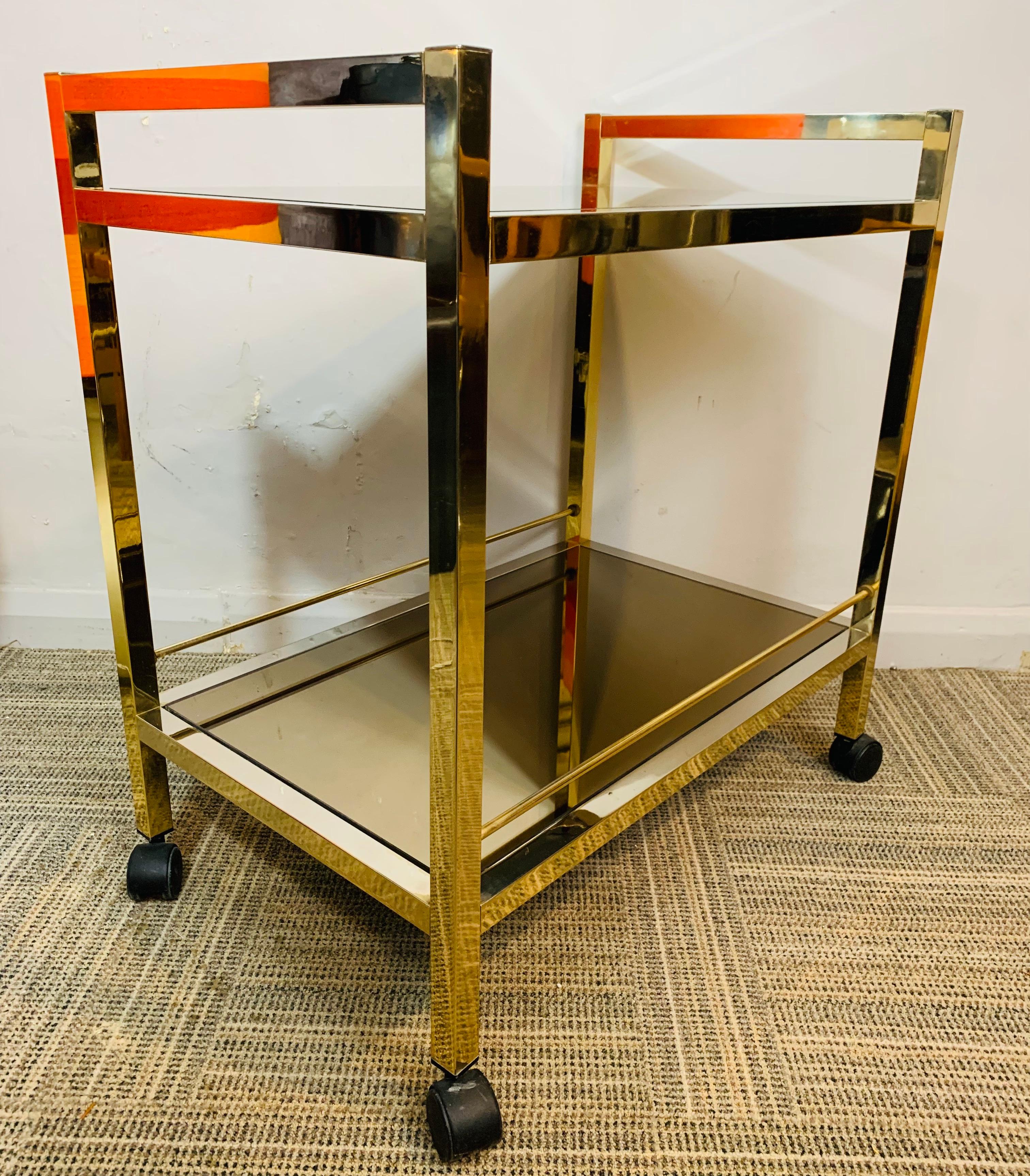 Metal 1970s Vintage Modernist Italian Brassed Chrome Drinks Trolley or Bar Cart