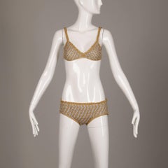 1970s Vintage Moggie Metallic Gold + Silver Crochet Bikini 2-Piece Swimsuit