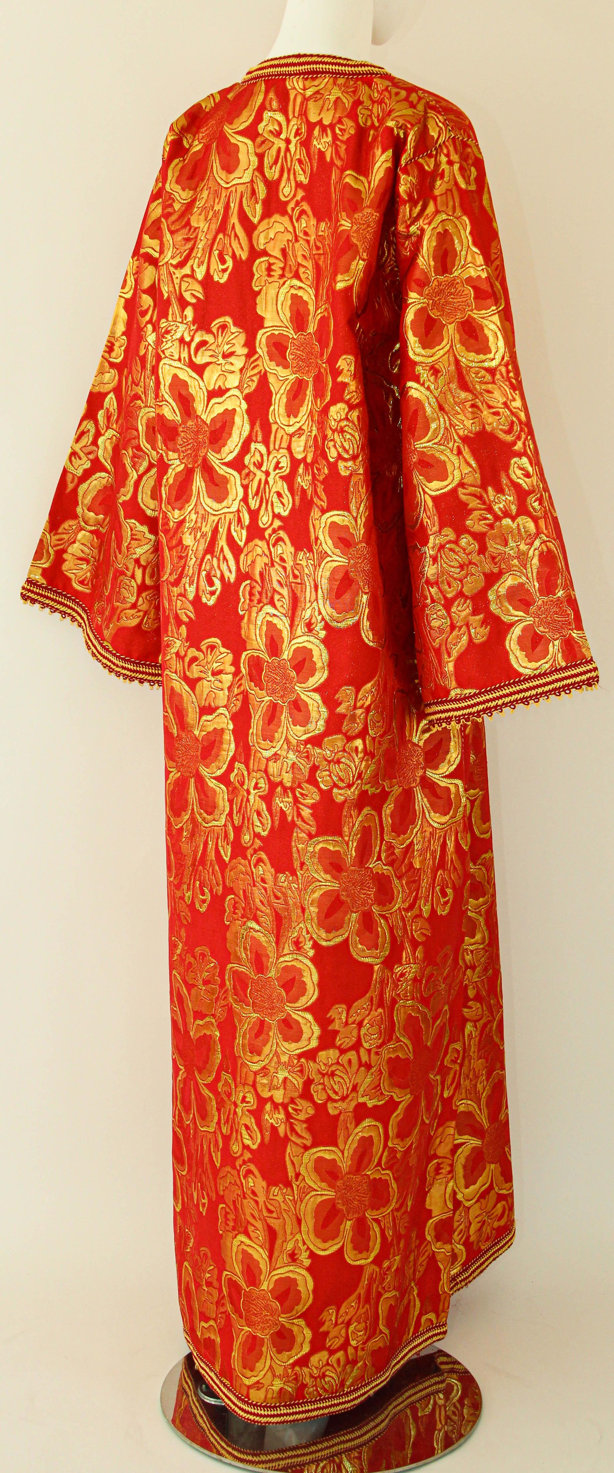 1970s Vintage Moroccan Kaftan Red and Gold Brocade Caftan Maxi Dress For Sale 7
